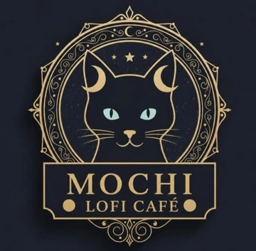 Official Mochi logo: black cat with mint-green eyes, gold linework and crescent motifs.