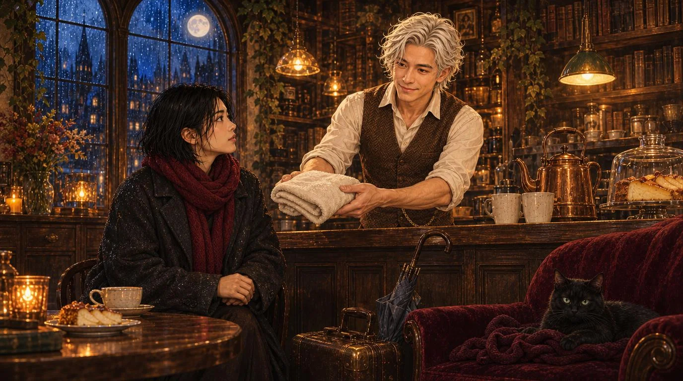 Sean, the moon-white-haired café owner, offers a welcome beside warm lamplight.